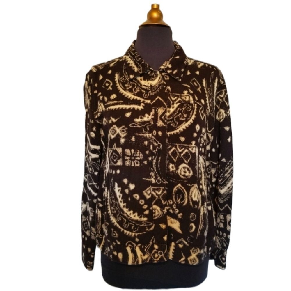 Chico's Linen Lyocell Blend Top Artsy Large Brown Snap Button Lagenlook
